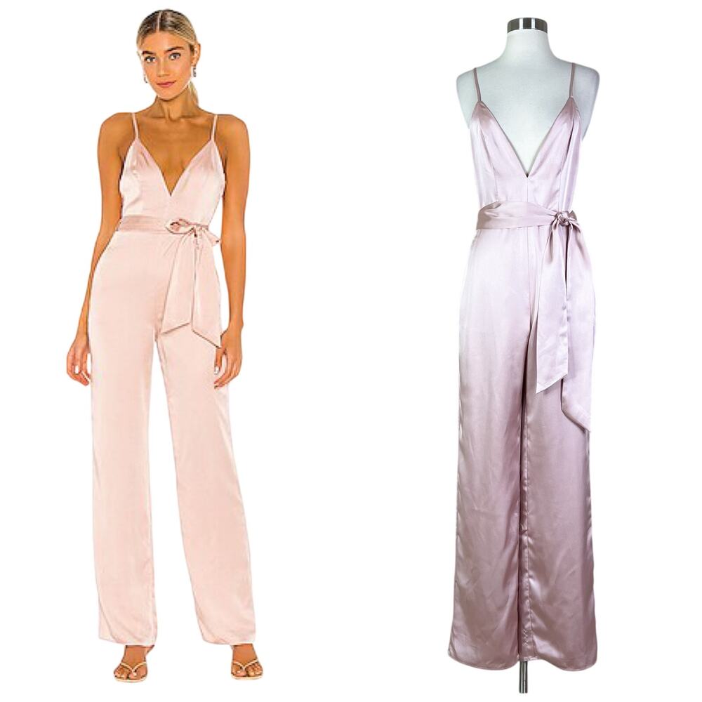 NBD | Revolve Shelby Light Pink Satin Plunging V Neck Belted Cocktail Jumpsuit S